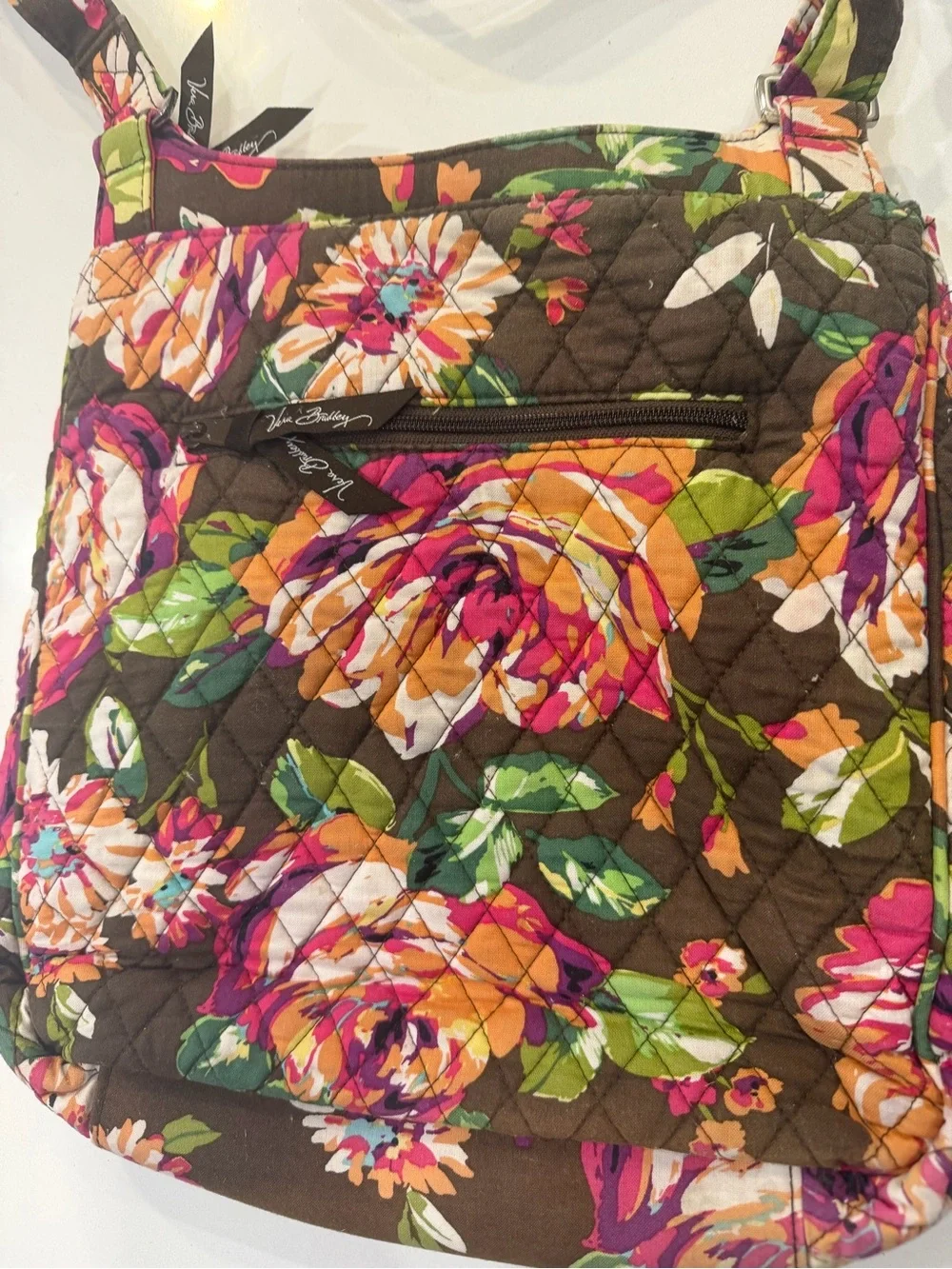 Vera Bradley Brown Floral Quilted Crossbody with Pink and Orange Blooms